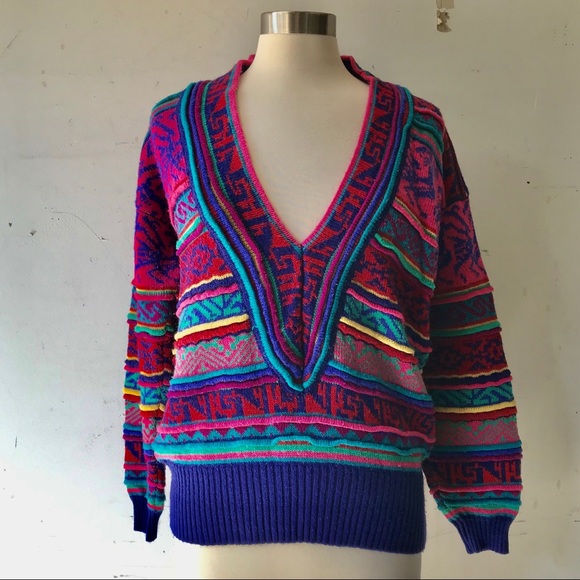 Vintage Sweaters - VTG 90's  Fuzzi Colorful Textured Sweater LG *W6